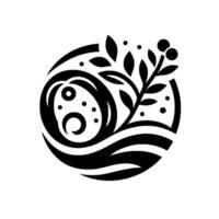 Stylized monochromatic emblem featuring a circular arrangement of organic elements swirling forms, a leafy branch with berries, and subtle dot details, all set against a white background. vector