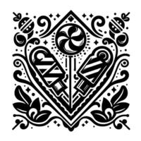 Intricate black and white symmetrical , featuring lollipops, ice creams, floral elements, and ornate swirls, in a stylized geometric pattern. vector