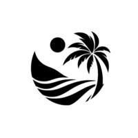 Stylized Black and White Tropical Scene Palm Tree, Sun, and Waves Enclosed in a Circular , Evoking Coastal Serenity. vector