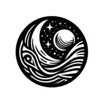 A circular, black and white illustration showcasing a crescent moon, a stylized eye, starry night and a planet, all within a circle. vector