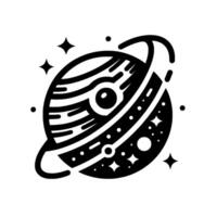 A stylized black and white illustration of a planet with rings, adorned with stars and cosmic elements, set against a white backdrop, minimalist . vector
