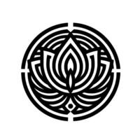 A symmetrical, stylized black and white lotus flower enclosed within concentric circles and radial cross elements. The composition evokes balance and elegance on a pristine white background. vector