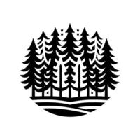 Stylized Black and White Illustration of a Forest Scene within a Circle, Featuring Coniferous Trees, Representing Wilderness and Natures Beauty. vector