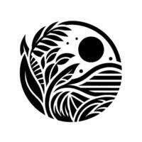 A stylized black and white circular composition depicting nature elements, including foliage, waves, a sunlike circle, and dots. vector