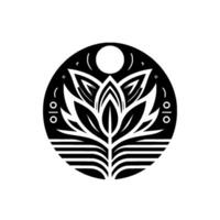 Stylized Black and White Floral Mandala with Moon, Dots, and Geometric Patterns on White Background, Indicating Spirituality and Balance. vector