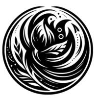 Intricate Black and White Circular featuring stylized birds intertwined with organic floral elements, creating a dynamic and balanced composition. vector