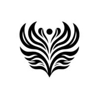 Abstract black and white symmetrical resembling a stylized feather or avian figure, with a minimalist and elegant aesthetic. vector