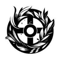 Symbolic Black White Floral Cross Within a Circle Adorned with Detailed Leafy Elements. vector