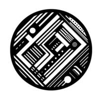 Geometric Black White Abstract Composition in a Circular Frame, featuring Lines, Shapes, and Dots, creating a Modern, Minimalist Aesthetic. vector