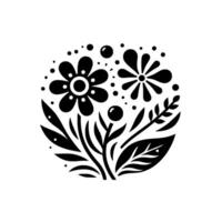 Black Floral Arrangement in a Circle with Leaves, Dots, and Berries, a Stylized Nature on White. vector