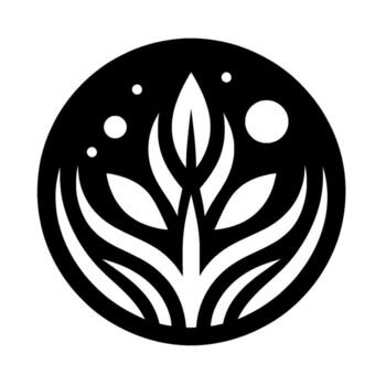 A minimalist, black and white featuring stylized foliage within a circular frame, adorned with celestial elements. vector