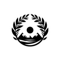 Serene Black and White Emblem Mountains, Sun, and Laurel Wreath on a White Background, Symbolic of Nature and Peace. vector