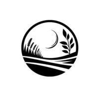 Stylized monochrome circular depicting a moonlit wheat field, a crescent moon, and a leafy branch. vector