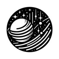 A minimalist, stylized black and white illustration of a planet encircled by rings and celestial bodies within a cosmic sphere. vector