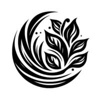 Black and White Circular Floral with Detailed Leaf Patterns, Delicate Curves and Minimalist Aesthetic, a Modern Emblem. vector