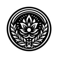 Intricate Black and White Floral Emblem, Circular with Laurel Wreath, Dot Detailing, and Geometric Symmetry. vector