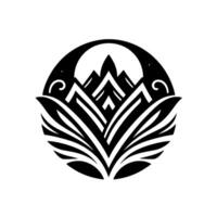 Monochromatic Circular Floral Emblem with Mountainous Silhouette Abstract, Geometric, Symmetric Composition on a White Background. vector