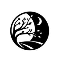Symbolic Black and White YinYang Tree of Life with Blossoms, a Crescent Moon, and Rolling Hills within a Circle vector
