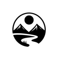 Monochromatic featuring two stylized mountain peaks with snow, a meandering river, a sun, and a circular frame, conveying nature. vector