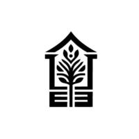 Elegant black and white featuring stylized tree inside a building silhouette, representing nature and shelter. vector