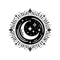 A stylized, black and white illustration of a crescent moon cradling stars within a textured circle, surrounded by radiating lines and diamond shapes. vector