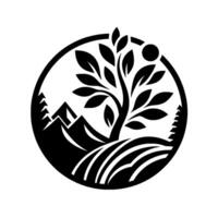 A minimalist black and white within a circle showcasing a tree, rolling hills, mountains, and a sun, representing growth and nature. vector