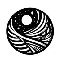 Celestial YinYang A minimalist black and white illustration depicting a moon and stars above stylized mountain or wing shapes with detailed leaf elements. vector