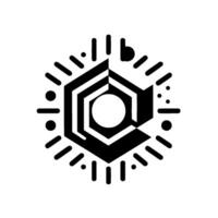 Abstract Black and White Geometric a stylized hexagonal shape with concentric patterns, radiating lines, and a central circle, evoking a modern, techinspired aesthetic. vector