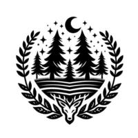Black and white circular emblem depicting a forest scene under a starry night, with a crescent moon and a deer at the bottom, framed by laurel. vector