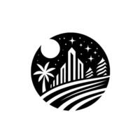 A monochrome circular emblem depicting a stylized night cityscape with skyscrapers, a palm tree, evergreen trees, a crescent moon, and stars over rolling hills. vector