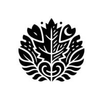 Intricate black and white floral crest with heartshaped leaves, crescent moon detail, and symmetrical composition, on a bright white background. vector