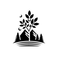 Minimalist Black and White Nature Depicting Mountains, a Tree, Crescent Moons, and Evergreen Trees Over a Striped Horizon. vector