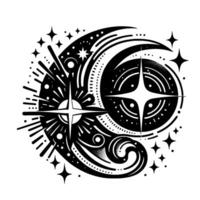 Intricate Celestial Illustration Two Stylized Stars, Crescent, and Swirls with Starfield in a Bold, Minimalist Black and White vector