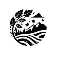 Circular black and white minimalist illustration depicting a fall scene with a tree, mountains, and falling leaves, enclosed in a circle. vector