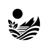 A minimalist, circular featuring a stylized landscape with a sun, mountains, water, and leaves, rendered in bold black and white. vector