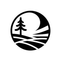 Minimalist emblem A stylized black and white circular featuring a pine tree, rolling hills, and a crescent moonsun, representing natures harmony. vector
