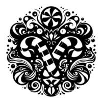 Intricate Black and White Christmas Ornament featuring Candy Canes, Swirls, and Festive Elements. vector