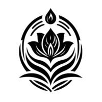 A stylized black lotus flower emblem within a circular frame, featuring a water drop above, set against a stark white background. vector