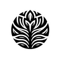 A symmetrical, black and white botanical illustration centered in a circle, showcasing stylized leaves radiating outwards. vector