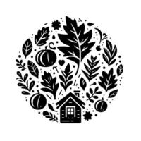 Monochrome Illustration of an Autumnal Circle with Leaves, Fruits, and a Cozy Cottage, Symbolizing Harvest and Warmth. vector