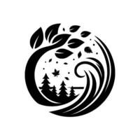 Silhouette illustration of a serene forest scene within a circular frame, featuring a tree, leaves, stylized waves, and evergreen trees, embodying natures harmony. vector