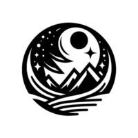 A stylized, minimalist black and white circular depicting mountains under a crescent moon and stars, invoking a sense of natures tranquility. vector