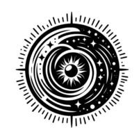 A stylized celestial emblem, featuring a sunlike core radiating within concentric swirling bands of cosmic elements, stars, and points. vector