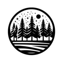 Silhouette of a Night Forest Scene Pine Trees, Stars, Moon, and Landscape within a Circular Frame. vector