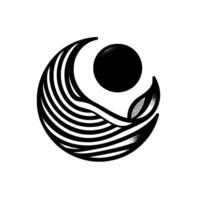 Abstract monochrome emblem features a textured sphere nestled between stylized curves resembling a leaf and feathered element, set against a white background. vector