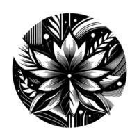 Black and White Floral Mandala Intricate botanical illustration within a circular frame, showcasing geometric petals, stylized leaves, and dotted accents. vector