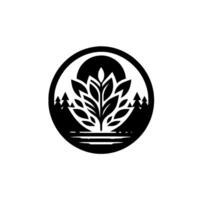 A minimalist black and white circular depicting a stylized plant with leaves, forest, and a sun or moon, encircled by a simple border. vector