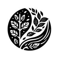 Yin YangInspired Botanical Illustration A symmetrical of leaves and flowing lines, with contrasting black and white sections creating a balanced and harmonious composition. vector