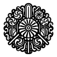 Black and white geometric mandala with candylike swirls, radial symmetry, and intricate ornamental details. vector
