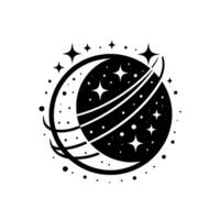 Stylized black and white illustration of a planet with rings, a crescent moon, stars, and spacethemed elements, ideal for a minimalist . vector